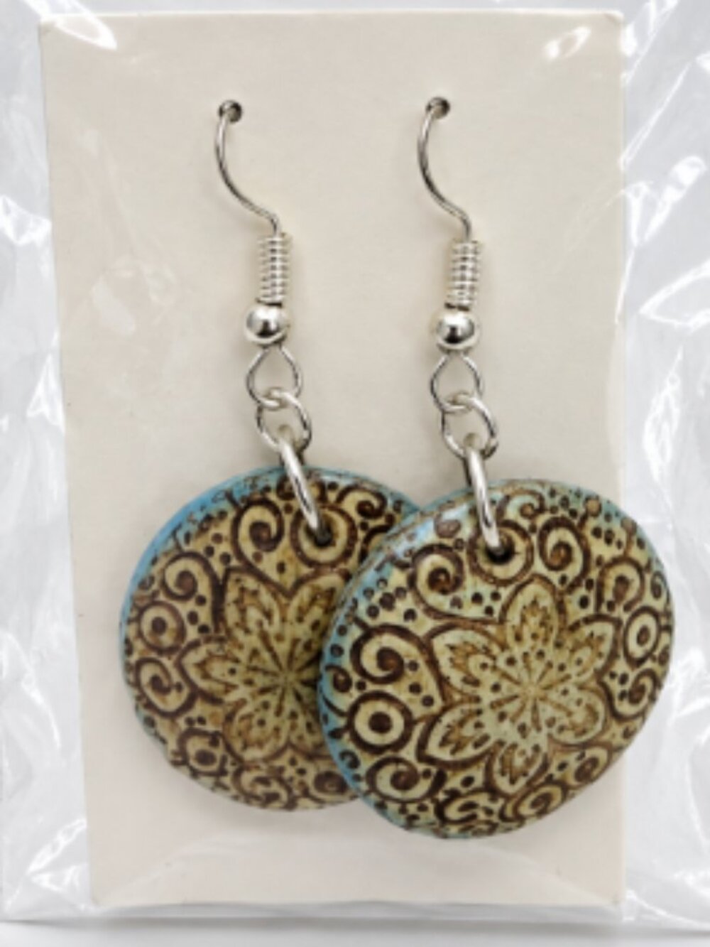 Boho Floral Mandala Round Dangle Earrings Silver Tone
